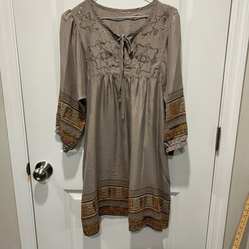 Unbranded Womens Tunic Dress Beaded Star Embellished Boho Taupe Brown Size S/M